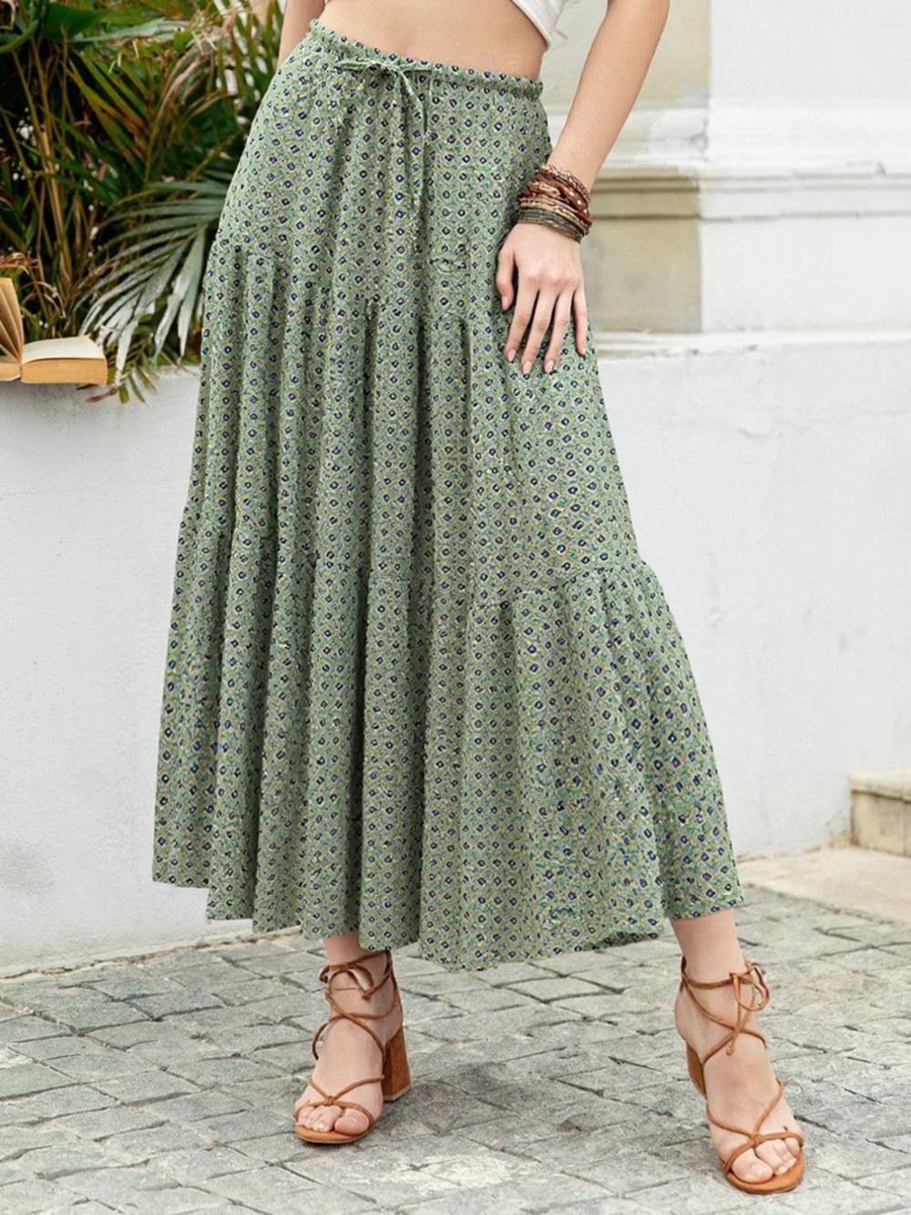 ❤️Hello Gorgeous! Boho Print Tiered Maxi Skirt- Matcha Green